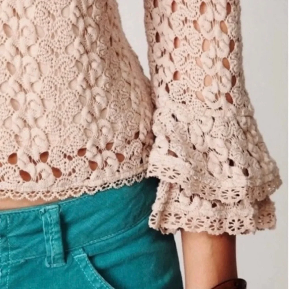Free People Rosehip Mink Nude Knit Crochet Bell Sleeve Top S